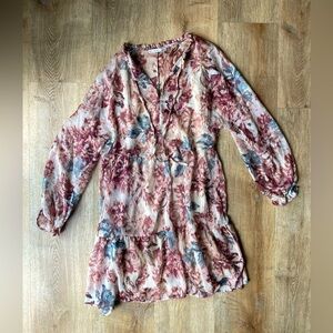 Black Tape Romantic ruffle Boho Long Sleeve Dress Pink Floral Medium